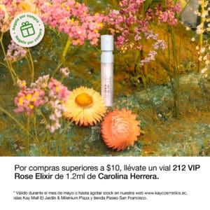 Por la compra superiores a $10 dólares en Kaycosmetics se lleva vial 212 Vip Rose de 1.5 ML de la marca Carolina Herrera.