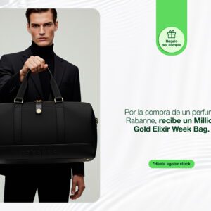 Por la compra de una fragancia en la marca Rabanne, recibe gratis un un million gold elixir week bag.