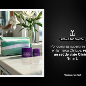 Por compras superiores a $60 en la marca Clinique, recibe gratis un set viaje Clinique Smart. Por compras superiores a $60 en la marca Clinique, recibe gratis un set viaje Clinique Smart.