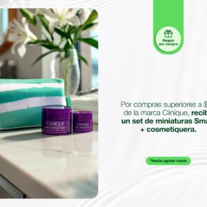 Por compras superiores a $60 en la marca Clinique, recibe gratis un set de miniaturas + cosmetiquera.
